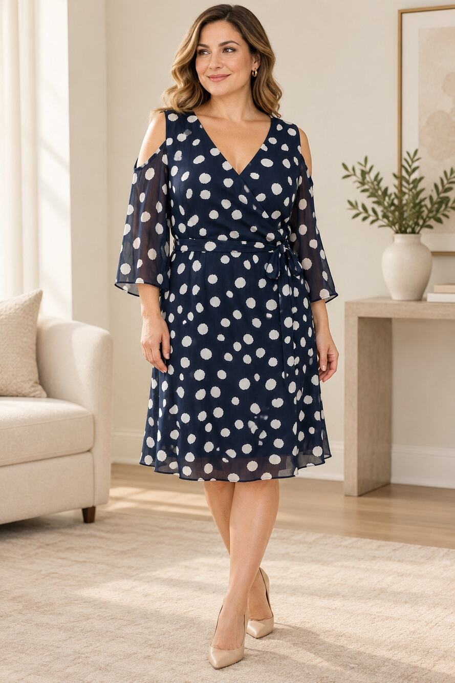 MSK Size 14 Navy Blue Polka Dot Cold Shoulder Knee-Length Wrap Dress